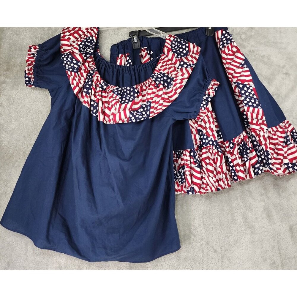 Womens 2 Piece XL Multicolor American Flag Ruffled Blouse Knee Skirt Vintage